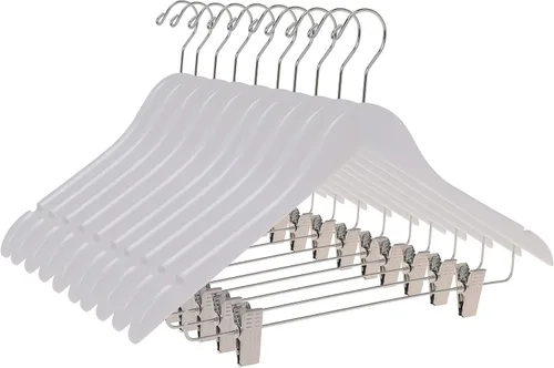 Vista 13 de Perchas de madera de calidad para faldas con clips, paquete de 10 perchas lisas de madera maciza para pantalones con clips de metal ajustables