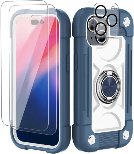 Vista 45 de Funda para iPhone 11 de 6.1 pulgadas con soporte de anillo, con 2 protectores de pantalla de vidrio, resistente a los golpes, resistente a