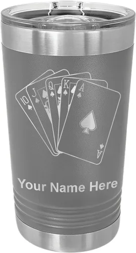 Vista 14 de LaserGram Vaso de pinta aislado al vacío de 16 onzas, tarjetas de póquer Royal Flush con grabado personalizado incluido (negro)