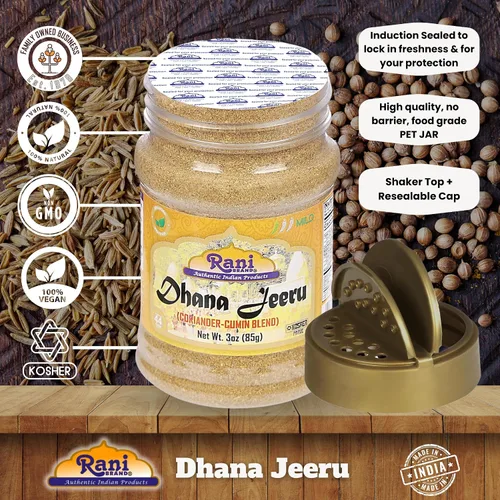 Vista 4 de Rani Dhana-Jeeru (mezcla de cilantro y comino 50-50) en polvo de 3 onzas (3.00 oz) tarro de PET ~ Todo natural Sin sal Vegano Apto para gluten
