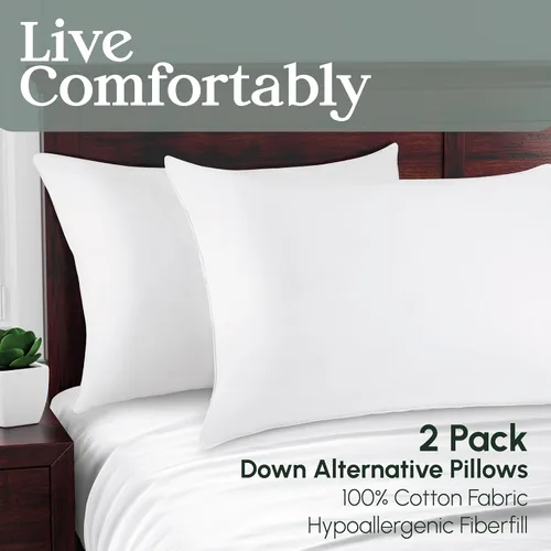Vista 7 de Down Alternative - Almohadas de cama jumbo 100% algodón para dormir de espalda, estómago o de lado (paquete de 2), color blanco (mediano/firme)