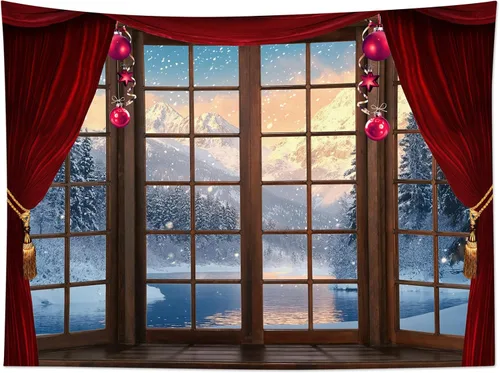 Vista 2 de HVEST Tapiz de bosque de invierno para colgar en la pared, montaña, nieve y pino, exterior, ventana de Navidad, arte de pared, tapiz de invierno