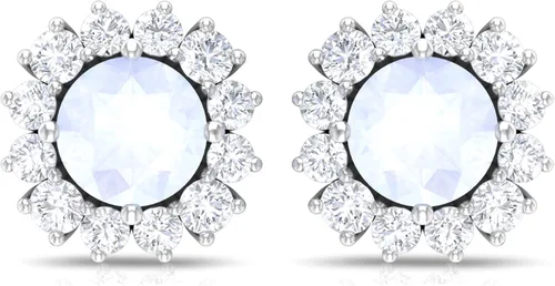Vista 2 de 1 CT Moonstone and Moissanite Stud Earrings 4 MM Moonstone Stud Earrings Moonstone Stud Earrings with Halo Moissanite Light Blue Moonstone Stud