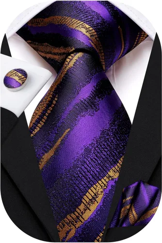Vista 286 de Hi-Tie Corbatas de seda para hombre, diseño de cachemira a rayas, con bolsillo, gemelos cuadrados, conjunto formal de negocios