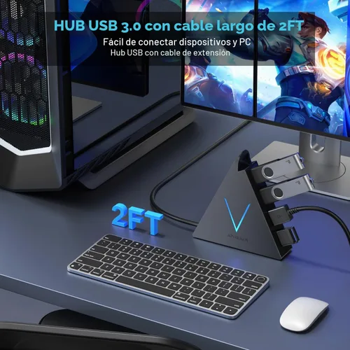 Vista 5 de FlyingVHUB Hub USB 3.0 de 4 puertos, torre concentrador USB con cable extendido de 2 pies, divisor USB para laptop, PC, PS4, PS5, Xbox, mouse