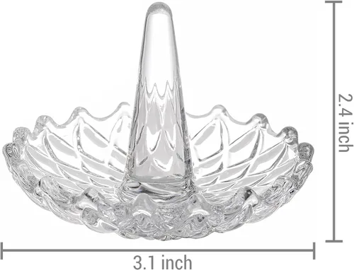Vista 6 de MyGift Cono de cristal transparente con bandeja, soporte para anillo de boda de compromiso con diseño redondo de explosión de estrellas, plato