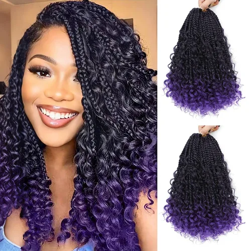 Vista 13 de Wodun Extensiones de Cabello de Ganchillo con Trenzas de Caja Goddess de 10 Pulgadas Pre-Enrolladas, Cabello de Ganchillo con Extremos Rizados Para