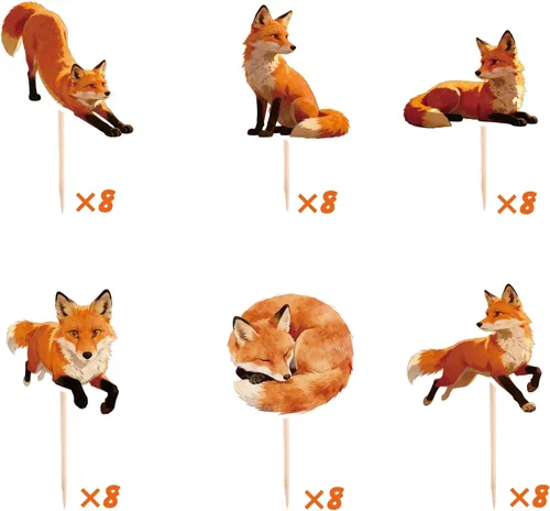 Vista 4 de 48 Pcs Fox Cupcake Toppers - Woodland Animal Cake Picks for Woodland Animal-Themed Baby Shower Birthday Party Table Decorations Supplies