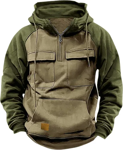 Vista 9 de Sudaderas tácticas para hombre, con cremallera de un cuarto, con capucha, manga larga, estilo cargo, entrenamiento, al aire libre, con bolsillo