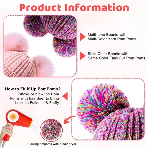 Vista 4 de Winter Hat for Kids Toddler Children, Girls Beanie with Double Pom Pom Warm Fleece Lined, Girls Accessories Knit Beanies Cap