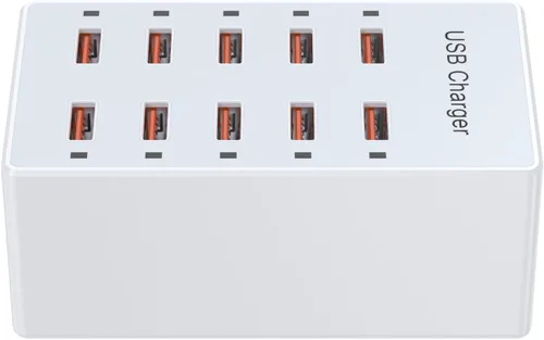 Vista 9 de Cargador USB de 10 puertos estación de carga para múltiples dispositivos, cargador de pared USB, tira de concentrador de alimentación, enchufe