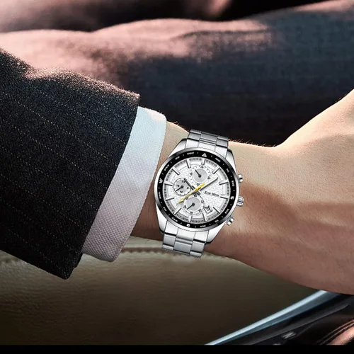 Vista 7 de Relojes de pulsera para hombre, cronógrafo, casual, de cuarzo, con correa de acero inoxidable, impermeable, taquímetro, fecha