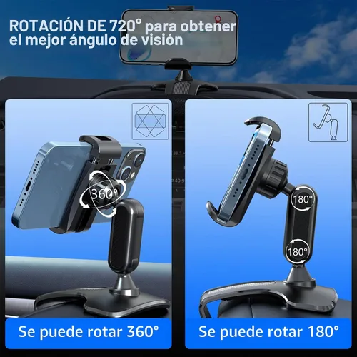 Vista 6 de Soporte para clip de teléfono para tablero de automóvil, soporte giratorio de 360° para volante de salpicadero compatible con teléfonos inteligentes