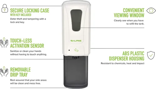 Vista 2 de Alpine Dispensador automático de desinfectante de manos, dispensador de jabón sin contacto con bandeja de goteo para restaurante, hospital, escuela