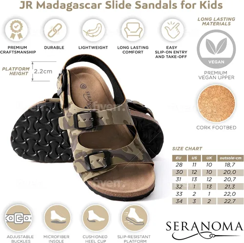 Vista 6 de Seranoma JR Madagascar Sandalias deslizantes para niños, cómodas sandalias con plantilla de corcho y hebillas ajustables, plataforma antideslizante