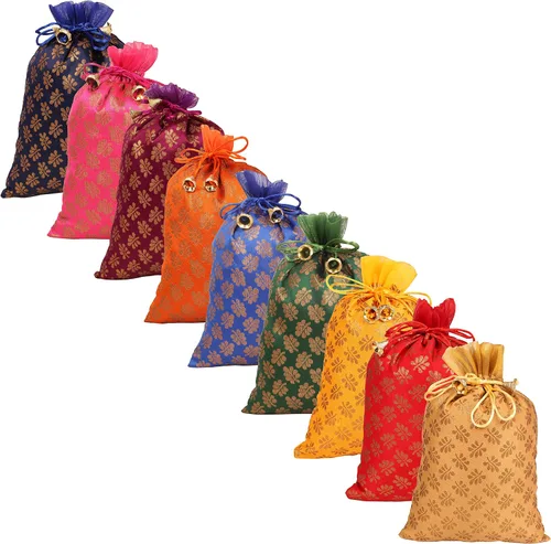 Vista 9 de Touchstone Hermosas bolsas de regalo reutilizables, respetuosas con el medio ambiente, con cordón grande, patrón de hojas de mimosa, brocado
