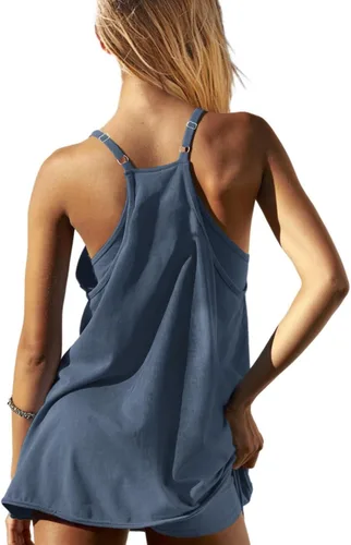 Vista 2 de UNIANKIYA Enterizo de entrenamiento para mujer con pantalones cortos debajo, sin mangas, tirantes delgados, trajes atléticos, trajes casuales