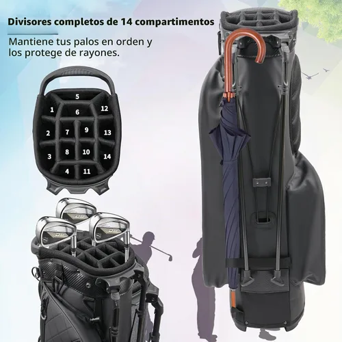 Vista 2 de Bolsa de golf con soporte y 14 divisiones de largo completo, bolsa de golf de cuero PU para hombres, bolsas de golf de lujo ligeras impermeables