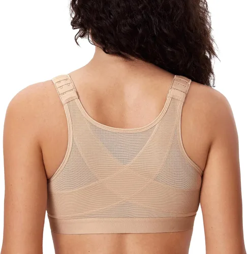 Vista 14 de DELIMIRA - Brasier para mujer con cierre frontal, cobertura total, soporte de espalda, corrector de postura, sin aro Negro