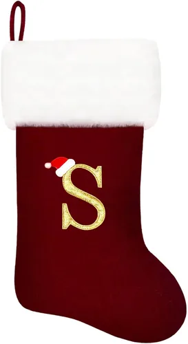 Vista 14 de Calcetines de Navidad bordados de 20 pulgadas con monograma, terciopelo negro con puño de felpa blanca supersuave, adornos clásicos para decoración