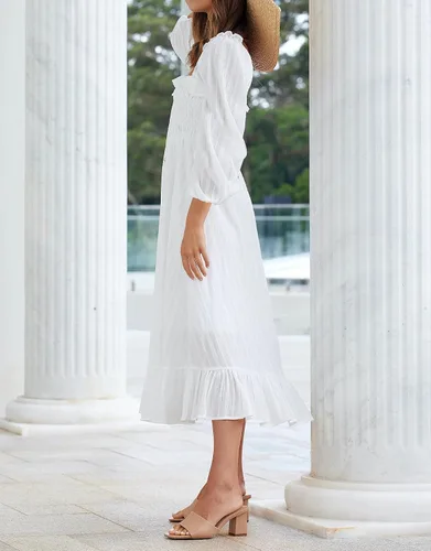 Vista 7 de R.Vivimos Women's Linen Fall Long Sleeves Stripes Ruffled Boho Casual A-Line Flowy Midi Dresses