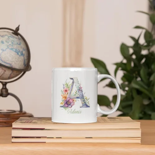 Vista 6 de Taza de café personalizada de la letra A del alfabeto, Taza de café blanca con nombre personalizado único, Taza inicial de monograma floral