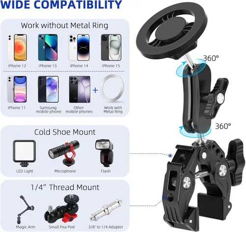 Vista 4 de Magsafe - Soporte magnético para teléfono, con súper abrazadera, aleación de aluminio, ajustable para bicicleta giratoria, carrito de golf