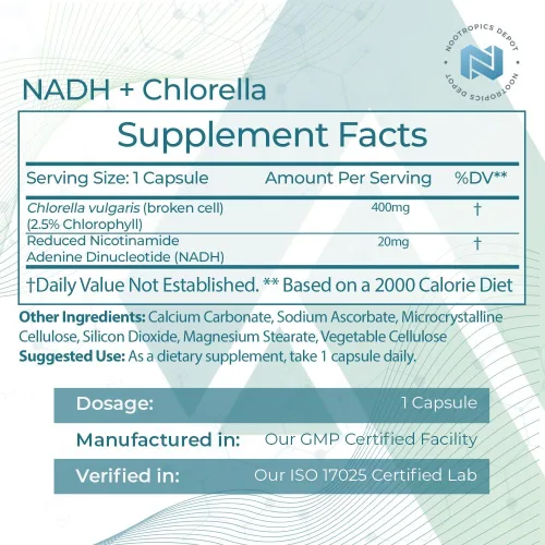 Vista 2 de Nootropics Depot NADH + Chlorella vulgaris (células rotas) cápsulas de 400 mg Dinucleótido de adenina de nicotinamida de 20 mg Clorofila 10 mg