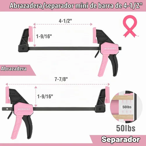 Vista 2 de WORKPRO Abrazaderas de Mini Barra para Carpintería, 6" (2) y 4-1/2" (2), Abrazadera/Separador de Una Mano de 4 Piezas, Abrazadera F de Cambio Rápido