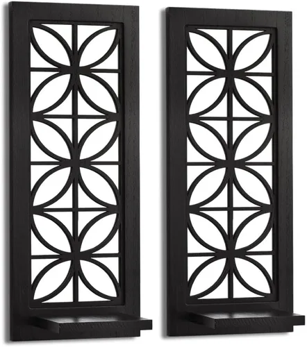 Vista 2 de Aeveco Juego de 2 candelabros de pared con espejo, portavelas decorativo de madera, candelabro rústico, decoración de pared para sala de estar Negro