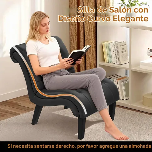Vista 5 de Silla decorativa de piel sintética negra moderna con botones capitoné tapizada sin brazos para dormitorio, sala de estar con patas de madera