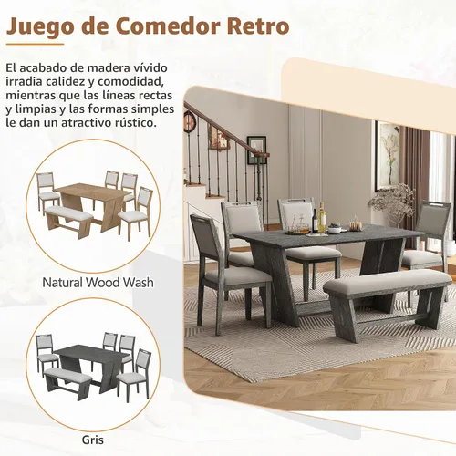 Vista 7 de Merax Juego de comedor retro de 6 piezas, 1 mesa rectangular con base de mesa trapezoidal estable y 4 sillas tapizadas y 1 banco para comedor