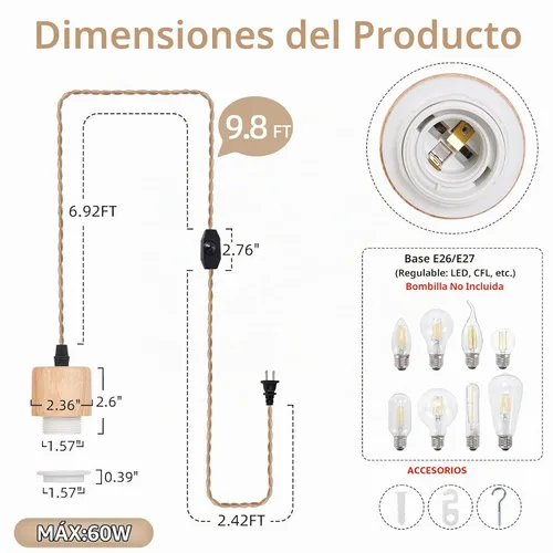 Vista 4 de Arturesthome Kit de cable de luz colgante de 9.8 pies con interruptor regulable, lámpara vintage, cable de nailon trenzado E26 E27, casquillo
