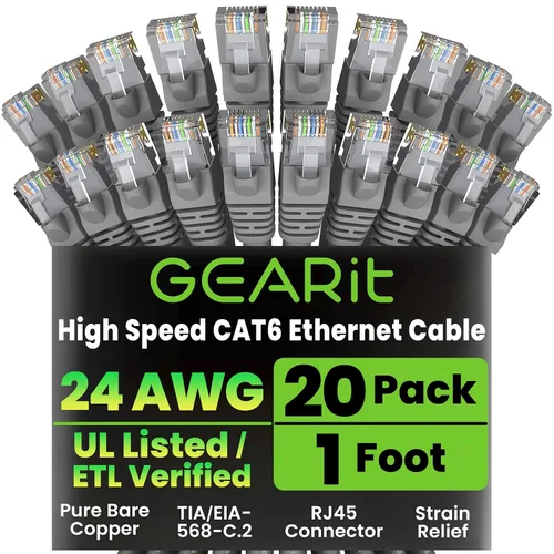 Vista 91 de GEARit Paquete de Cables Ethernet Cat 6 - Paquete de 20 Cables de Conexión Ethernet Cat6 de 1 pie Cable de Conexión de Red RJ45, Conectores