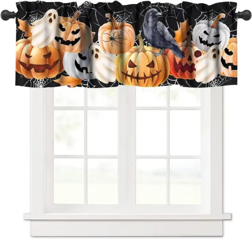 Vista 14 de Cortina de cenefa para fiesta de Halloween, diseño de dibujos animados, lindo fantasma, castillo sombrío, calabaza, murciélago, bolsillo para barra