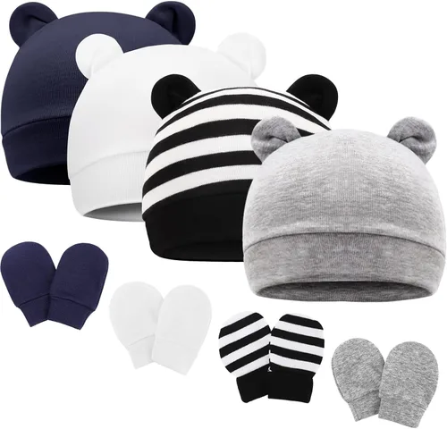 Vista 12 de DRESHOW Gorro de recién nacido con orejas de oso y manoplas, conjuntos de gorro de algodón para prematuros, gorro de bebé para niño y niña, gorro
