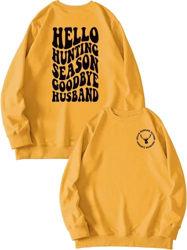 Vista 38 de DUDIHOHX Hello Hunting Season Goodbye Husband - Sudadera de manga larga con estampado de moda, casual, cuello redondo