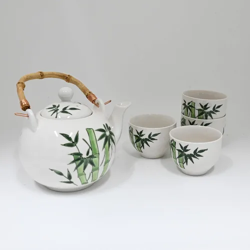 Vista 5 de Juego de té de porcelana con mango de bambú de estilo japonés con infusor, blanco con diseño de bambú verde, tetera de 30 onzas con 4 tazas, caja