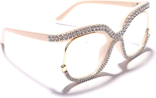 Vista 3 de Elegantes lentes de luz azul de ojo de gato para mujer, lentes de lectura de diseño de diamantes de imitación Beige