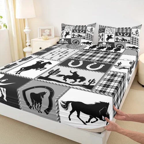 Vista 4 de Juego de sábanas para niños estilo vaquero occidental tamaño individual, juego de ropa de cama con diseño geométrico de cactus, decoración