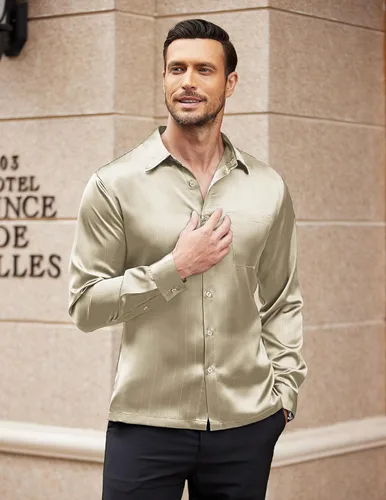 Vista 2 de COOFANDY Camisa de vestir de satén de lujo para hombre, de seda brillante, manga larga, con botones, camisa de boda, fiesta, baile de graduación