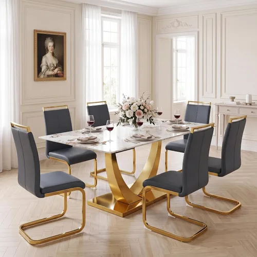 Vista 27 de Juego de mesa de comedor blanca para 6, 71 pulgadas, juego de mesa de comedor de mármol sintético para 6 Modern Dining Table Set for 6, Black PU