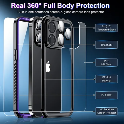 Vista 5 de Funda impermeable para iPhone 15 Pro Max 2025, protector de pantalla integrado y protector de cámara de vidrio, a prueba de golpes, IP68 bajo