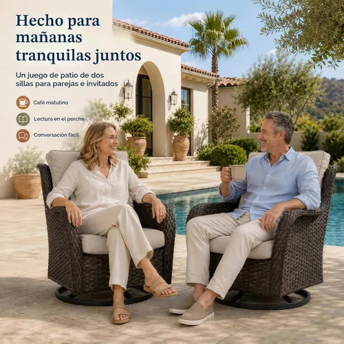 Vista 7 de HUMMUH Juego de 2 sillas giratorias de mimbre para patio, juego de muebles Café/Beige
