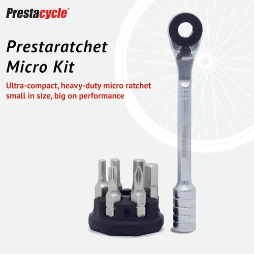 Vista 2 de Prestacycle Prestaratchet - Kit de trinquete de bolsillo micro con (6) puntas S2 y soporte redondo - Herramienta de trinquete hexagonal compacta