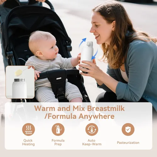 Vista 3 de Calentador de botellas portátil para viajes, calentamiento rápido de 3 minutos para leche materna, fórmula y agua, frasco grande de acero inoxidable