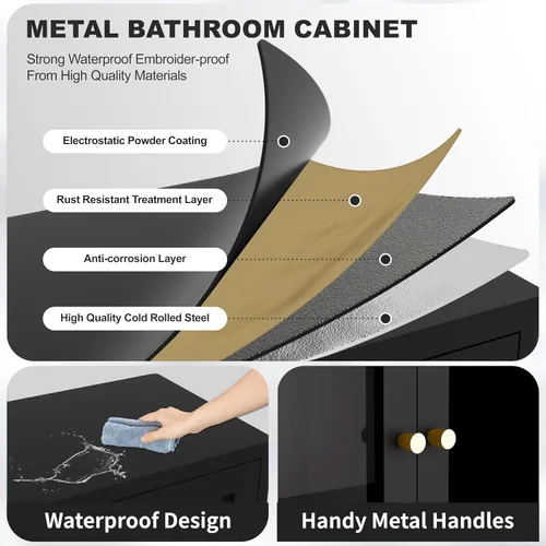 Vista 4 de Gabinete de Almacenamiento de Metal para Baño, Gabinete Aparador Negro con Puertas de Vidrio y Estantes Ajustables, Pequeños Gabinetes de Metal