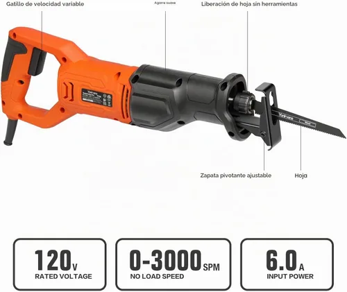 Vista 3 de Yunirvana Sierra recíproca de 120 V, sierra recíproca con cable de velocidad variable de 6.0 amperios con longitud de carrera de 4/5 pulgadas, 3000