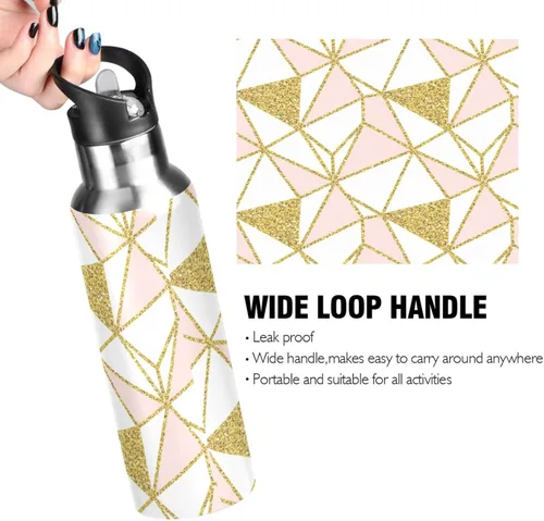 Vista 4 de Stainless Steel Vacuum Insulated Water Bottle 20 Oz, Leakproof Water Bottles for Gym Outdoor Travel School, Geometric Gold Triangles