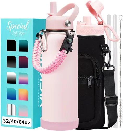 Vista 49 de Botellas de agua de 32 onzas aisladas con pajita y tapa para beber de un sorbo, asa de paracord, bolsa de transporte con correa, termo de triple